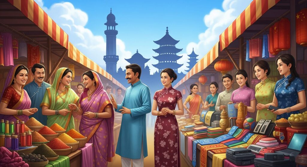 Indian students and Chinese students interacting during educational and cultural exchange program symbolizing better relations.