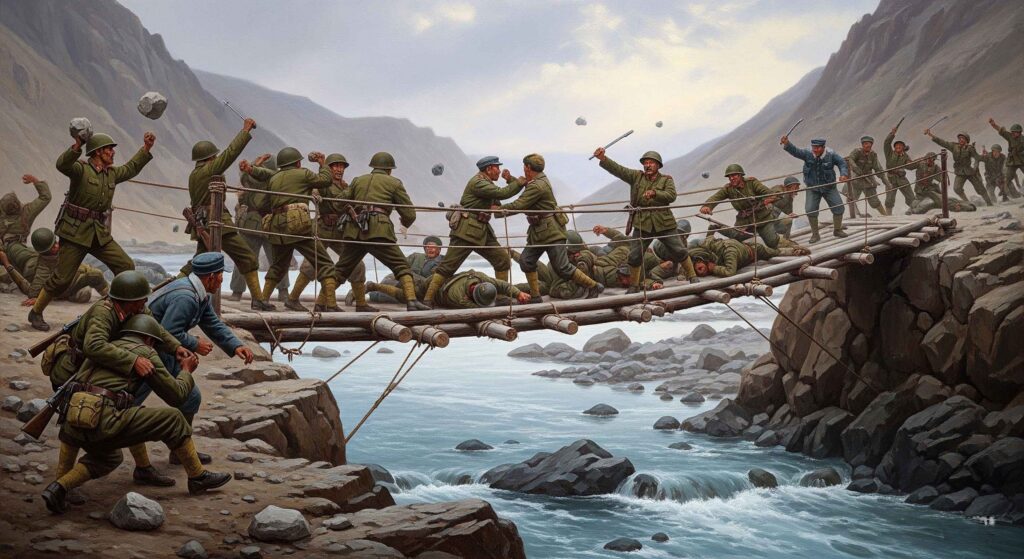 Representation of India-China border tensions in Galwan Valley, Ladakh, showing soldiers and disputed Line of Actual Control.