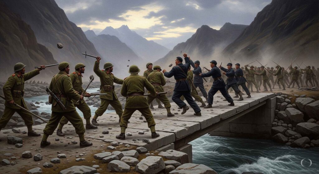 Representation of India-China border tensions in Galwan Valley, Ladakh, showing soldiers and disputed Line of Actual Control.