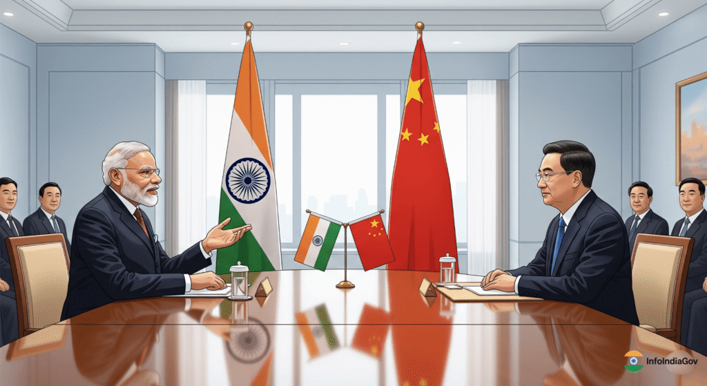 Prime Minister Narendra Modi and Chinese diplomat Wang Yi meeting in New Delhi 2025 to discuss India-China diplomacy and border peace